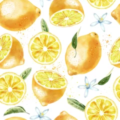Papier peint Citrons Citrons à l& 39 aquarelle avec des feuilles vertes, des tranches de citron et des fleurs. Modèle sans couture.