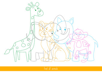 Educational children game. Logic game for kids. Find all animals
