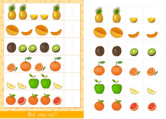 Educational children game. Logic game for kids. What comes next?