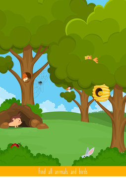 Educational children game. Logic game for kids. Find all animals and birds