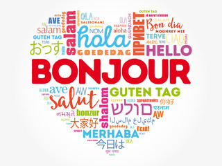 Bonjour (Hello Greeting in French) heart word cloud in different languages of the world © dizain