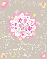 Pastel wedding greeting card with paper cutting applique with beautiful bouquet with daisy, pink hearts and wedding rings