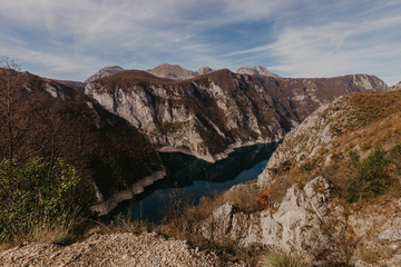 View of great canyon of river Piva. Location place National park Durmitor, Pluzine town, Montenegro, Balkans, Europe. Scenic image of popular travel destination.