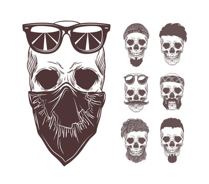 Vector illustration of skull in bandanna and sunglasses on face with set monochrome skulls isolated on background