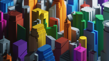 Colored miniature skyscrapers, aerial view.
