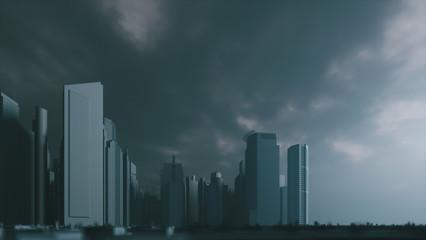 Dark apocalyptic view of a city. Gloomy apocalyptic town. Grey city