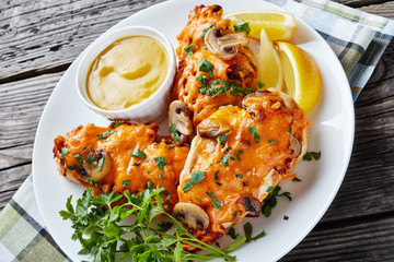 chicken breasts with bacon, cheese, top view