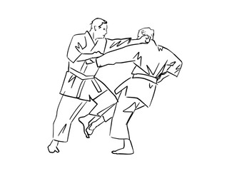 Martial arts. Black contour. Adult male athletes in kimono. Karate or judo fight. Active poses. Vector silhouettes. Hand drawn outlines.