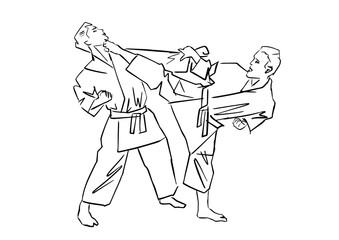 Adult male athletes in kimono. Martial arts. Black contour. Karate or judo fight. Active poses. Vector silhouettes. Hand drawn outlines.