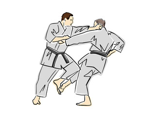 Martial arts. Black contour, isolated colors. Adult male athletes in kimono. Karate or judo fight. Active poses. Vector flat illustration. Hand drawn outlines.