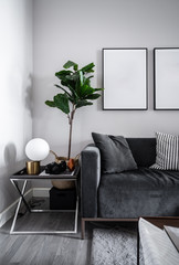 Cozy Living room corner with dark gray velvet fabric sofa , artificial plants and empty picture frame installing on the wall / cozy interior concept /space for advertising /scandinavian style interior