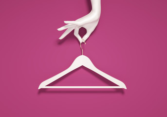 Minimal Fashion stylist or buyer concept, nothing to wear, white cloth hanger and woman hand, fashion template banner, 3d rendering
