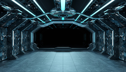 Dark blue spaceship futuristic interior mockup with window 3d rendering