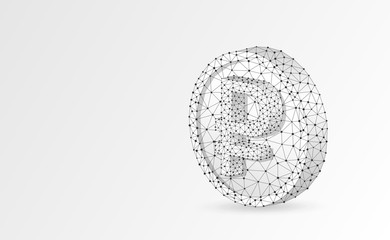 Russian Ruble currency. Golden Coin 3d illustration. Origami Polygonal Vector business, money, finance, cash, circle concept. Low poly wireframe, triangle, lines, dots, polygons. White background
