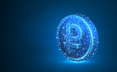 Russian Ruble currency. Golden Coin 3d illustration. Neon Polygonal Raster business, money, finance, cash, circle concept. Low poly wireframe, triangle, lines, dots, polygons. Blue background