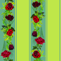 Vertical lines. Seamless pattern. Red roses, yellow mimosa on the bands of yellow and blue-green color. Fabric, wallpaper, card.