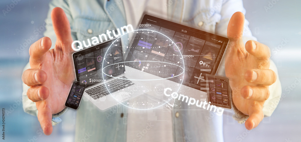 Poster businessman holding quantum computing concept with qubit and devices 3d rendering