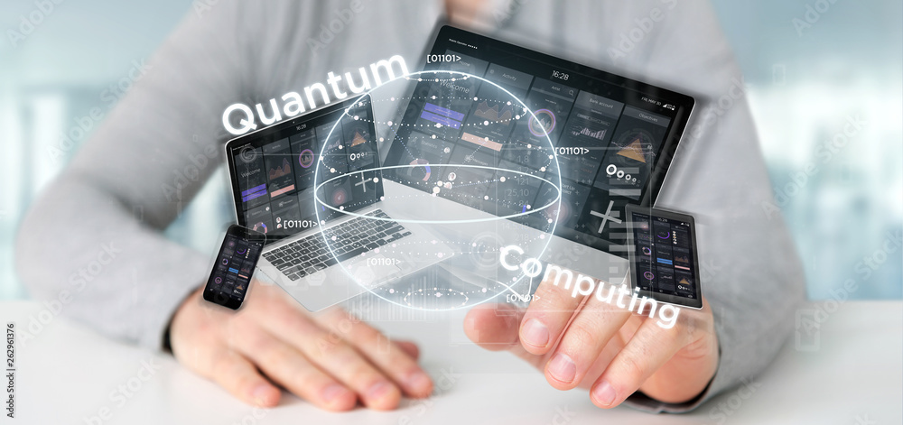 Poster businessman holding quantum computing concept with qubit and devices 3d rendering