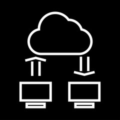 Arrow over computers in cloud icon.data transfer mark
