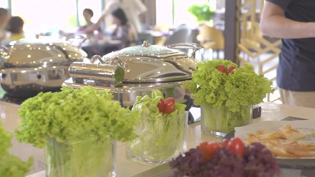 Different foods in buffet in all inclusive resort hotel restaurant. Restaurant food for traditional brunch, lunch and dinner in luxury tourist hotel. Diet and nutrition concept.