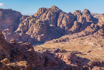 Aerial view from rock mountains above ancient Petra city in Jordan