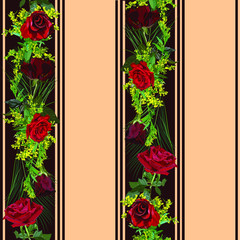 Vertical lines. Seamless pattern. Red roses, yellow mimosa on red-brown, cream and beige background. Fabric, wallpaper, card.