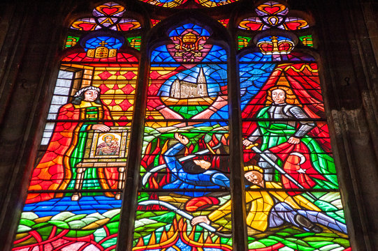 Vienna, Austria - 2 April 2019: stained glass window in famous Votiv Church (Votivkirche)