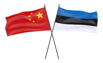 China and Estonia, two crossed flags isolated on white background. 3d image