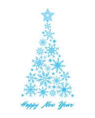 Cyan snowflake Christmas tree and text Happy New Year on white background. Holiday design, triangle snowflakes. New Yaer template for card, invitation, sale, web, post. Greeting card trendy design