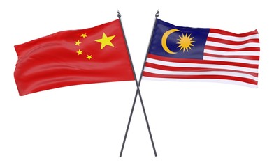 China and Malaysia, two crossed flags isolated on white background. 3d image