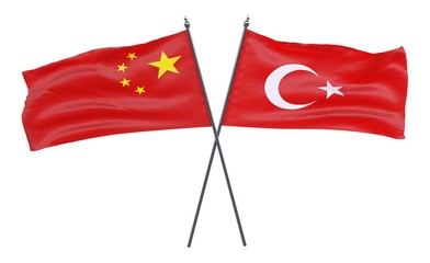 China and Turkey, two crossed flags isolated on white background. 3d image