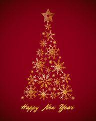 Gold snowflake Christmas tree and text Happy New Year on red background. Holiday design, triangle snowflakes. New Yaer template for card, invitation, sale, web, post. Greeting card trendy design