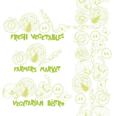 Fototapeta na wymiar Vegetables. Tomato, pepper, cabbage, radish, cucumber, carrot, broccoli. Lettering. Isolated vector object on white background. Seamless border.