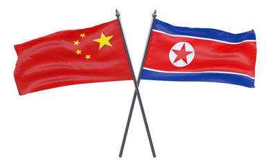 China and North Korea, two crossed flags isolated on white background. 3d image