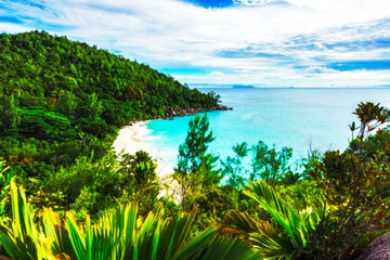 Fototapeta na wymiar Panoramic overview to paradise beach anse georgette, praslin, seychelles 1