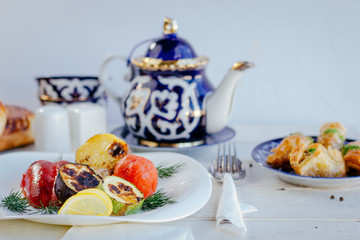 Grilled vegetables on asian table ready to eat.