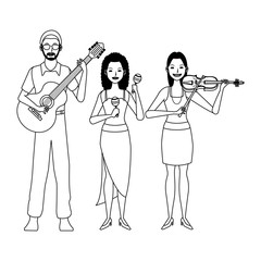 musician playing guitar violin and maracas black and white