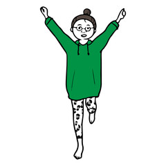 万歳して喜ぶ部屋着の女性