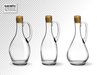 Empty glass bottles collection, isolated on transparent background. Photo-realistic vector, 3d