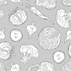 Vegetables: cabbage, tomato, cucumber, onion, broccoli, radishes, peppers, carrots. Seamless vector pattern (background).