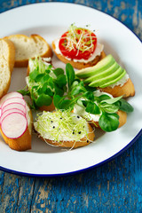 toasted breads of baguette with cream cheese and vegetables