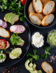 toasted breads of baguette with cream cheese and vegetables