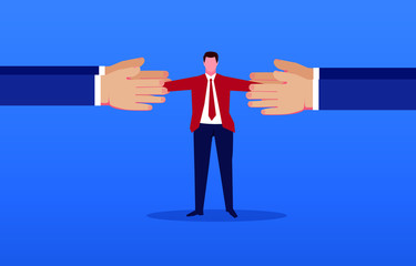 Fighting, two huge hands vying for a businessman