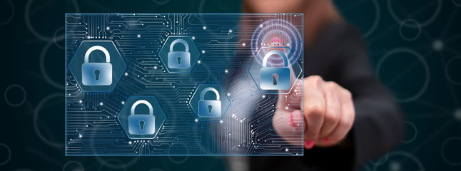 Woman touching a data security concept