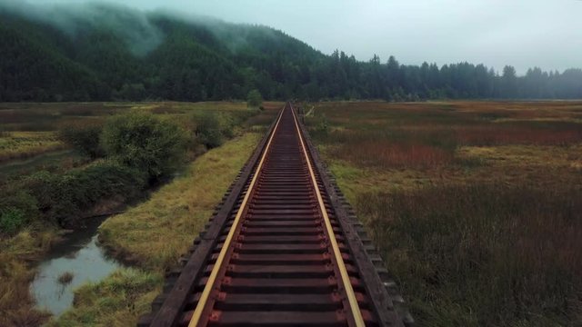 15 Second drone clip moving along a train track to simulate the view from the front of the train engine. Stable and directly down the center of the tracks