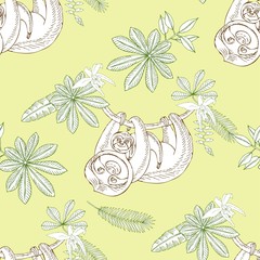 Seamless Pattern with Sloths in Jungle. Animal and Plants sketches. Hand Drawn Background 