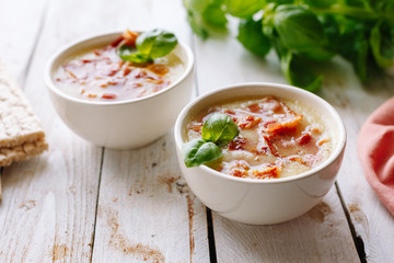 Cauliflower cream soup with bacon and mint. Homemade. Diet. Lunch.