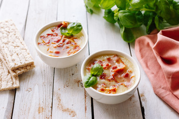 Cauliflower cream soup with bacon and mint. Homemade. Diet. Lunch.