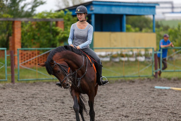 Young girl riding bay horse on equestrian sport training