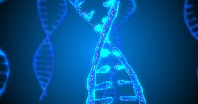 Abstract glittering DNA double helix with depth of field. Animation of DNA construction from debrises. Science animation. Conceptual design of genetics information. 4k, alpha channel